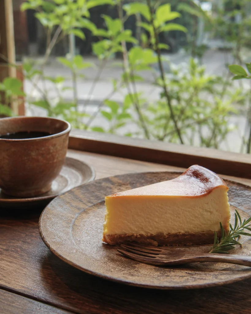 窓辺の席に置かれたチーズケーキとコーヒー